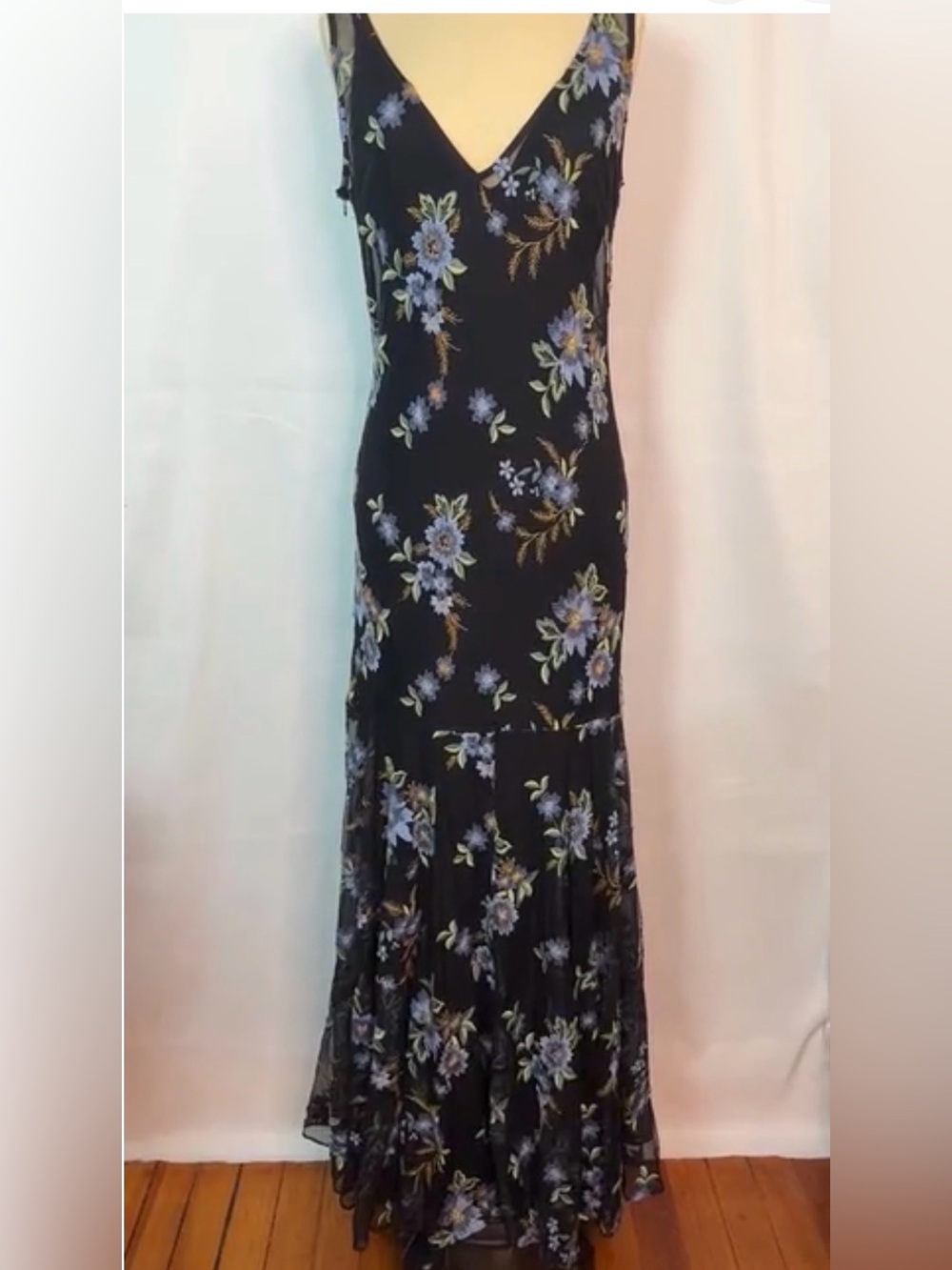 LABEL by 5 Twelve by Anthropologie Black Maxi Dress with Blue Floral Embroidery